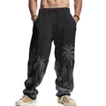 Detail of men's linen casual pants featuring a grey Hawaii palm tree print on black fabric - S / Bottoms / Black