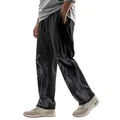 Men's black linen casual wide-leg pants with grey Hawaii palm tree print detail. - S / Bottoms / Black
