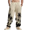 Macro view of men's casual beige linen pants with a tropical black palm tree print design - S / Bottoms / Khaki