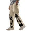Men's summer casual linen wide-leg trousers featuring a tropical palm tree print design - S / Bottoms / Khaki
