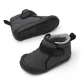 Detailed view of grey children's snow boots with warm plush lining and Velcro strap. - Gray