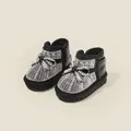 Black toddler girl winter snow boots with glitter rhinestones and pearl bow accents - Size 15 (Inner Length 12.0cm) / Black
