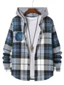 Detail van heren geruit shirt met capuchon in blauw en wit van katoenmix. - Hemelsblauw