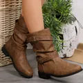 Women's stylish brown mid-calf boots with decorative buckle straps and round toe design - Brown