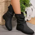 Chic dark grey mid-calf western boots for women featuring buckle straps and slouchy design - Black