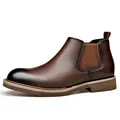 Classic men's brown leather Chelsea boots with a textured finish and elastic side panel - Brown / 38