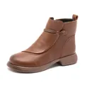 Women's warm brown leather short boots with fleece lining and decorative strap - 38 / Brown