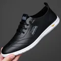 Stylish black men's slip-on leather casual shoe featuring a comfortable white soft sole - 38 / Black