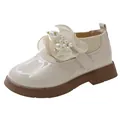Cream girls' round toe princess shoes with elegant pearl ruffles and patent leather - Size 23 (Inner Length 14.5cm) / Off White