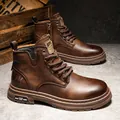 Classic vintage brown leather lace-up Martin boots for men with side zipper and thick sole - 38 / Brown (8622)