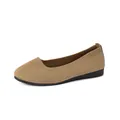 Detailed close-up view of the tan knitted upper and black flat sole of women's shoes - One Size / Khaki
