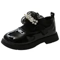 Elegant black patent leather girls' shoes featuring decorative ruffles and faux pearls - Size 23 (Inner Length 14.5cm) / Fleece Lined Style / Black