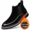 Men's stylish black Chelsea boots with warm cotton fleece lining for autumn winter - Black Fleece Lined