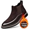 Men's dark brown Chelsea boots with warm fleece lining and leather suede patchwork - Brown Fleece Lined