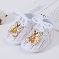 White infant baby shoes with gold stripes and cute bear patch for 0-12 months - Size 11 (10.5cm) / Running Style / White
