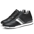 Casual men's black sports sneakers with a hidden 8cm elevator heel and side stripes - 38 / Black Leather