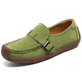 Mocassini casual da donna in pelle scamosciata verde con fibbia e suola in gomma - 35 / Verde