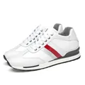 White leather elevator sneakers with hidden 8cm lift and red stripe accent - 38 / White Leather