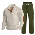 Détail de l'ensemble en velours côtelé pour homme, texture et patte de boutonnage. - S / Haut Et Bas / Abricot avec Vert Armée