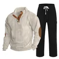 Ensemble survêtement velours côtelé homme avec chemise Henley boutonnée et pantalon droit. - S / Haut Et Bas / Abricot avec Noir