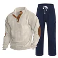 Ensemble deux pièces en velours côtelé pour homme avec chemise Henley et pantalon droit - S / Haut Et Bas / Abricot avec bleu marine