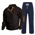 Ensemble 2 pièces en velours côtelé pour homme avec chemise Henley et pantalon droit chic - S / Haut Et Bas / Marron avec Bleu Marine