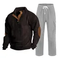Vue détaillée de l'ensemble en velours côtelé pour homme avec chemise Henley et pantalon gris. - S / Haut Et Bas / Marron avec Gris