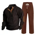 Détails de l'ensemble chemise Henley en velours côtelé marron et pantalon cargo. - S / Haut Et Bas / Marron avec rouge brique