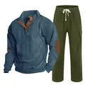 Ensemble homme en velours côtelé avec chemise Henley bleue et pantalon droit olive - S / Haut Et Bas / Bleu denim avec vert armée