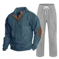 Détail de texture de l'ensemble chemise Henley en velours côtelé pour homme - S / Haut Et Bas / Bleu denim avec gris