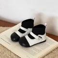 Sweet black and white baby girl winter knit boots featuring a stylish pearl button detail - Size 24 (Length 15.5) / Beige Fleece Lined (aQNS-090066)