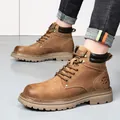 Classic brown leather Martin boots with thick soles for men's autumn and winter fashion. - 35 / Fleece Lined Style (7279) / Brown