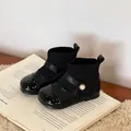 Elegant black baby girl winter boots with soft knit collar and decorative pearl strap - Size 22 (14.5CM) / Black Fleece Lined (aQNS-090066)