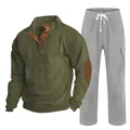 Ensemble décontracté 2 pièces pour homme avec pull Henley en velours côtelé olive et pantalon - S / Haut Et Bas / Vert armée et gris