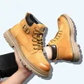 Retro men's tan leather Martin boots with thick anti-slip sole for winter - 35 / Single Lining Style (7271) / Yellow