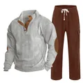 Ensemble 2 pièces en velours côtelé pour hommes avec chemise henley - S / Haut Et Bas / Gris avec rouge brique