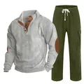 Vue détaillée de la texture de l'ensemble chemise Henley en velours et pantalon droit - S / Haut Et Bas / Gris avec vert armée