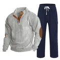 Ensemble en velours côtelé pour hommes avec chemise Henley et pantalon droit bleu marine - S / Haut Et Bas / Gris avec Marine