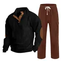 Vue détaillée de l'ensemble en velours côtelé pour homme avec chemise Henley et pantalon - S / Haut Et Bas / Noir avec rouge brique