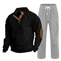 Ensemble deux pièces en velours côtelé pour homme avec haut Henley noir et pantalon gris. - S / Haut Et Bas / Noir/Gris