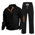 Détail du t-shirt Henley en velours côtelé noir pour homme et du pantalon de loisirs assorti - S / Haut Et Bas / Noir avec noir