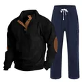 Détail de la texture velours côtelé du haut Henley noir et pantalon bleu marine - S / Haut Et Bas / Noir avec bleu marine
