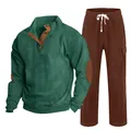 Vue de face du haut Henley en velours côtelé vert et du pantalon à cordon marron - S / Haut Et Bas / Vert fruit avec rouge brique