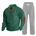 Vue détaillée de l'ensemble homme : chemise Henley en velours vert et pantalon gris - S / Haut Et Bas / Vert fruit avec gris