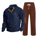 Ensemble deux pièces en velours côtelé pour homme avec sweat bleu et pantalon marron - S / Haut Et Bas / Bleu marine et Rouge brique