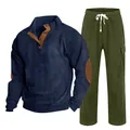Ensemble deux pièces en velours côtelé pour homme avec chemise henley et pantalon olive. - S / Haut Et Bas / Bleu marine et Vert armée