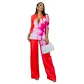 Detailed view of women's vibrant floral print blazer and wide-leg trousers autumn suit set - S / Top And Bottom / Rose Red