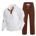 Ensemble deux pièces en velours côtelé avec chemise Henley blanche et pantalon marron - S / Haut Et Bas / Blanc avec Rouge Brique