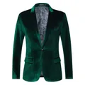 Detailed front view of a premium dark green velvet slim-fit blazer with paisley lining. - M / Tops / Green