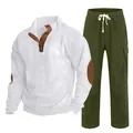 Herren Set aus weißem Cord-Henley-Shirt und grüner gerader Hose, lässiger Zweiteiler - S / Oberteil Und Unterteil / Weiß mit Armeegrün